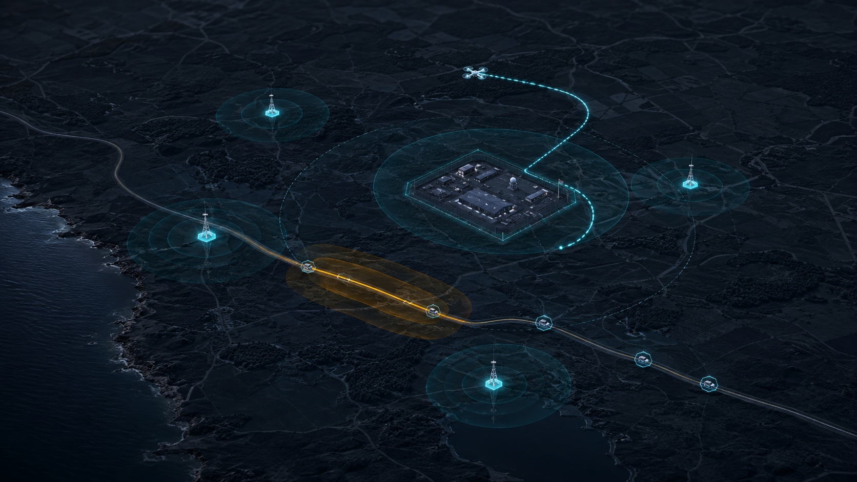RF situational awareness map showing distributed sensors and detected activity
