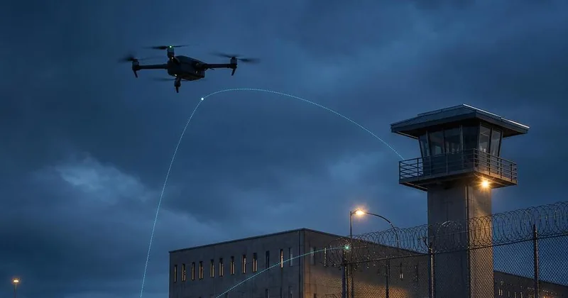 Drone over a prison perimeter and watchtower at dusk